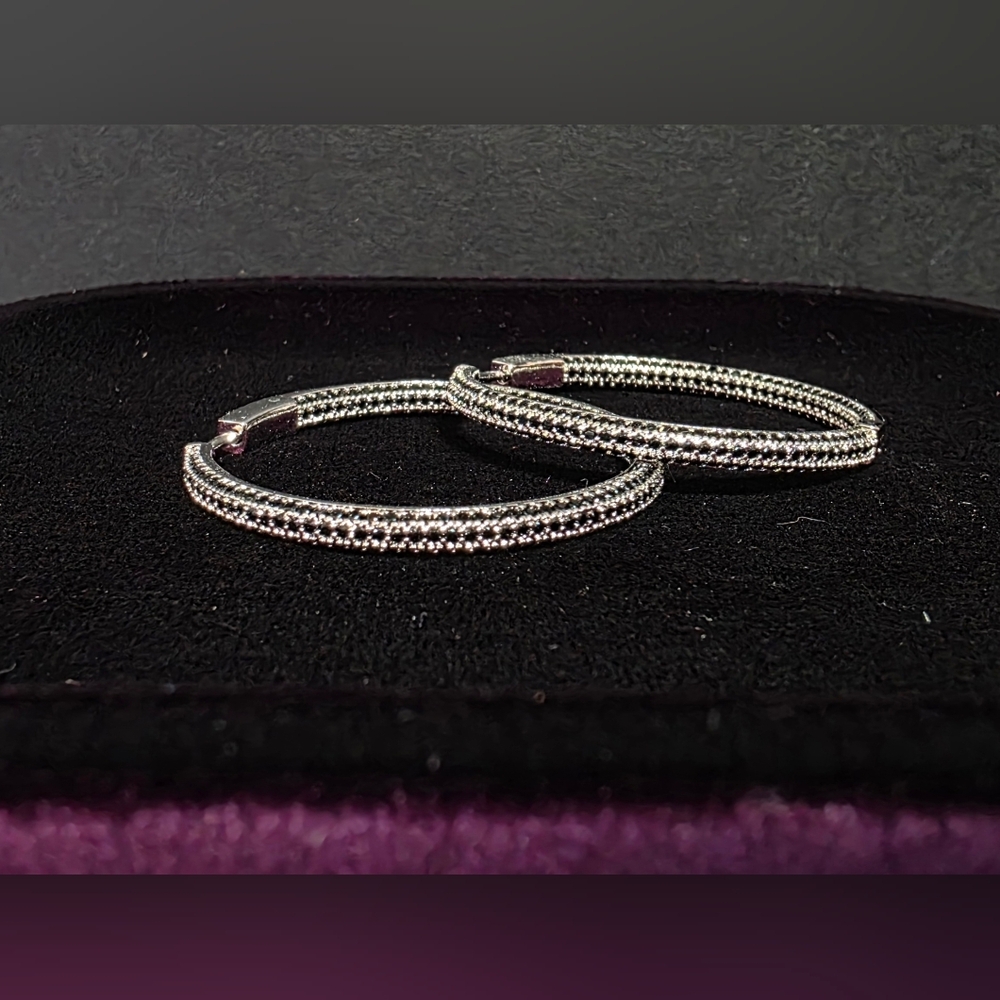 Elegant Silver And Black Onyx Hoop Earrings
